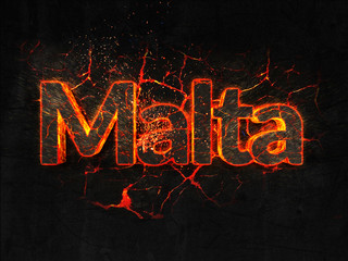 Malta Fire text flame burning hot lava explosion background.