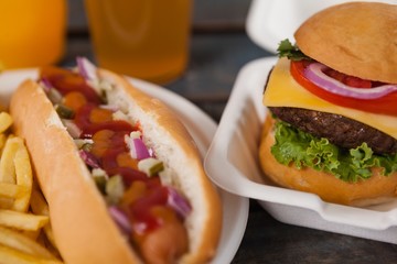 Close-up of hot dog and hamburger
