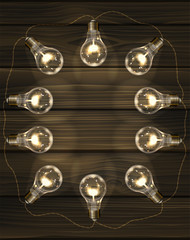 Brown vector wooden background with light bulbs. Frame of garland with edison's lamps and place for your text.