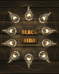 Brown vector wooden background with light bulbs. Black Friday's day. Frame of garland with edison's lamps and place for your text.