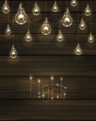Brown vector wooden background with light bulbs. Edison's lamps hang on wires from the ceiling and illuminate the space for your text.