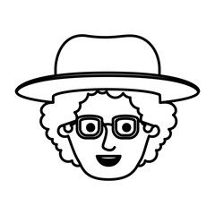 male face with hat and glasses with curly hair in monochrome silhouette vector illustration
