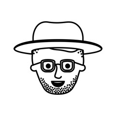 male face with hat and glasses and high fade haircut and stubble beard in monochrome silhouette vector illustration
