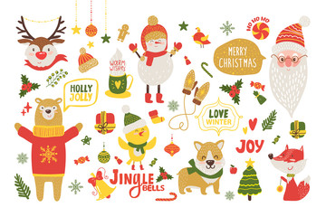 Merry Christmas Poster with Cute Cartoon Animals