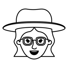 female face with hat and glasses and short wavy hair in monochrome silhouette vector illustration