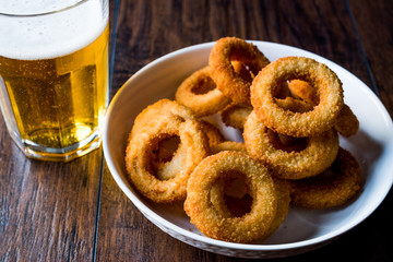 Homemade Crunchy Fried Onion Rings with Beer.
