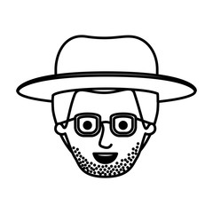 male face with hat and glasses and short hair and stubble beard in monochrome silhouette vector illustration