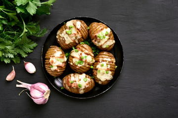 Baked stuffed potatoes, top view