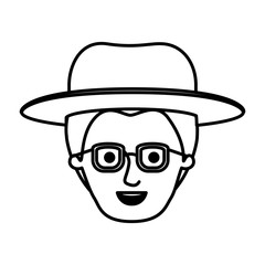 male face with hat and glasses with modern hairstyle in monochrome silhouette vector illustration