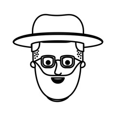 male face with hat and glasses and beard and side parted hairstyle in monochrome silhouette vector illustration