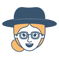 female face with hat and glasses and collected hair in color sections silhouette vector illustration