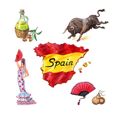 Spain and its symbols, watercolor set on a white background with clipping path. Map of spain, flag, dancer, bull, fan, castanets, olive oil, hand drawing.