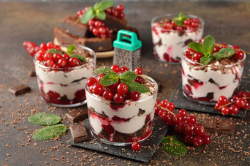 Chocolate dessert with red currant