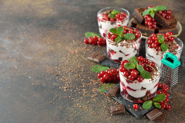 Chocolate dessert with red currant