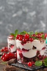 Chocolate dessert with red currant