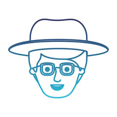male face with hat and glasses and side part hairstyle in degraded blue silhouette vector illustration