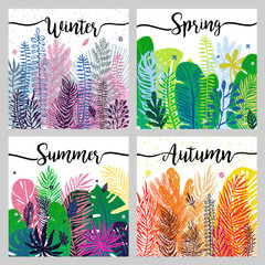 set of seasons background wiht trendy colorful leaves. Vector botanical illustration. Great design element for calendar, congratulation cards, banners and other