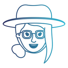 Obraz na płótnie Canvas female face with hat and glasses with collected hair and fringe in degraded blue silhouette vector illustration
