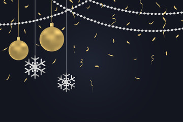 New Year dark background with gold Christmas balls and silver snowflakes, golden confetti and argent beads. Winter holiday card, banner, decoration poster with space for text. Vector illustration.