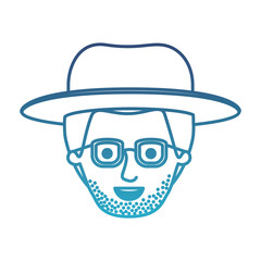 male face with hat and glasses and short hair and stubble beard in degraded blue silhouette vector illustration
