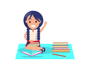 Girl with Piles of Books Isolated Illustration