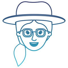 Fototapeta premium female face with hat and glasses and pigtail hair in degraded blue silhouette vector illustration