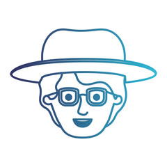 male face with hat and glasses and short wavy hair in degraded blue silhouette vector illustration