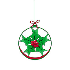 Flat Christmas Ball with Bow and  Mistletoe. Vector Bauble with green and red Holly Berry decorative xmas ornament. Illustration isolated on white background. Silhouette Icon Symbol Design.