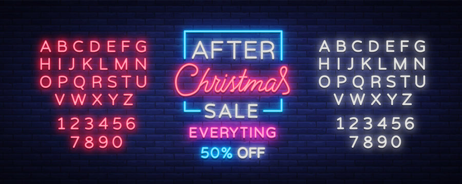Christmas sales, neon sign, advertising bright festive discounts. New Year card sale, light banner. Xmas Winter Discounts, Flyer Flyer for your projects. Vector illustration. Editing text neon sign