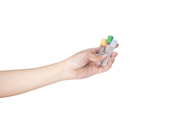 Fototapeta premium Woman's hand holding sample tube isolated over white background.