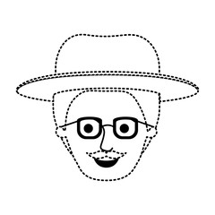 male face with hat and glasses with short hair and moustache in black dotted silhouette vector illustration