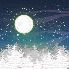 Winter vector landscape with the tops of snow-covered firs and a starry night sky.  Big full moon.