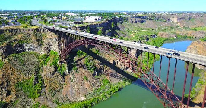 Perrine Bridge, Twin Falls, Idaho - Drone Aerial Approaching View Over River  Canyon With Cars Driving On Road