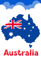 Illustration of Australia map with flag and clouds.