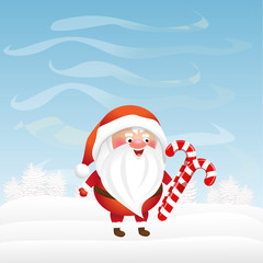 Christmas Santa Claus is holding a red and white candy sticks. Winter morning. Cute vector character.