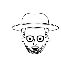 male face with hat and glasses and stubble beard and side parted hairstyle in black dotted silhouette vector illustration