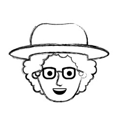 male face with hat and glasses with curly hair in monochrome blurred silhouette vector illustration