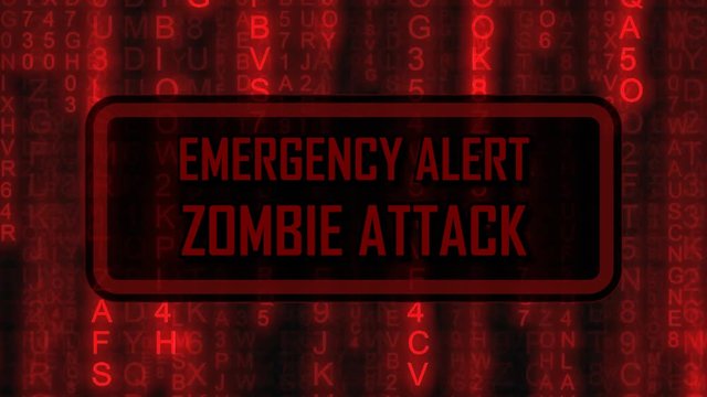 The text Emergency alert, Zombie attack, appearing on a board over random symbols falling down (code rain, a popular sci-fi movie effect), changing their color from green to red.
