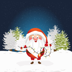 Christmas Santa Claus holds a garland in his hands. Spruce forest. Cute vector character.