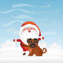 Christmas Santa Claus with dog sitting next to him. Winter is the morning. Cute vector character