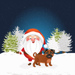 Christmas Santa Claus and a small pug dog stand in the winter snow-covered fir forest. Symbol of the Chinese new 2018. Cute vector character
