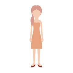 faceless woman full body with strapless dress and heel shoes with pigtail hairstyle in colorful silhouette vector illustration