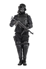 Futuristic nazi soldier gas mask and steel helmet with schmeisser handgun isolated on white studio...