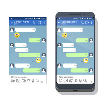 Smartphone with social network or messenger application template for mobile device on the screen. Chat or sms app interface concept. Vector illustration