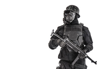 Futuristic nazi soldier gas mask and steel helmet with schmeisser handgun isolated on white studio shot half length portrait