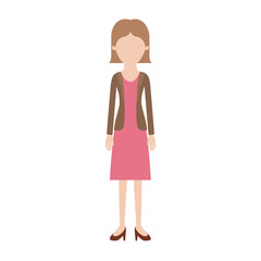 faceless woman full body with blouse and jacket and skirt and heel shoes with short straight hairstyle in colorful silhouette vector illustration