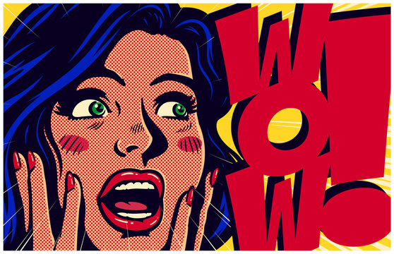 Vintage pop art style comic book panel with surprised excited woman saying wow looking at something amazing retro vector poster design illustration