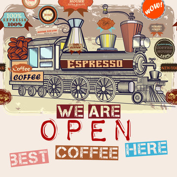 Retro styled menu or poster  with vector coffee, train and badges