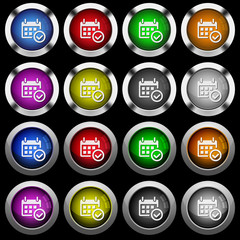 Calendar check white icons in round glossy buttons on black background