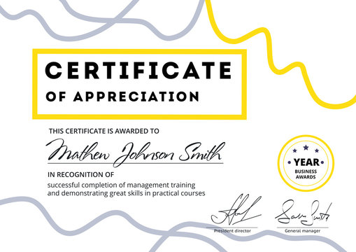 Certificate of appreciation template design. Elegant business diploma layout for training graduation or course completion. Vector background illustration.